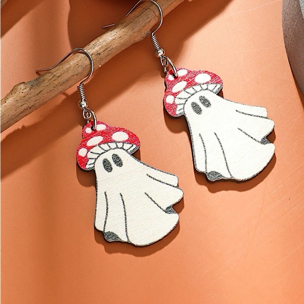 Wooden Mushroom Ghost Earrings